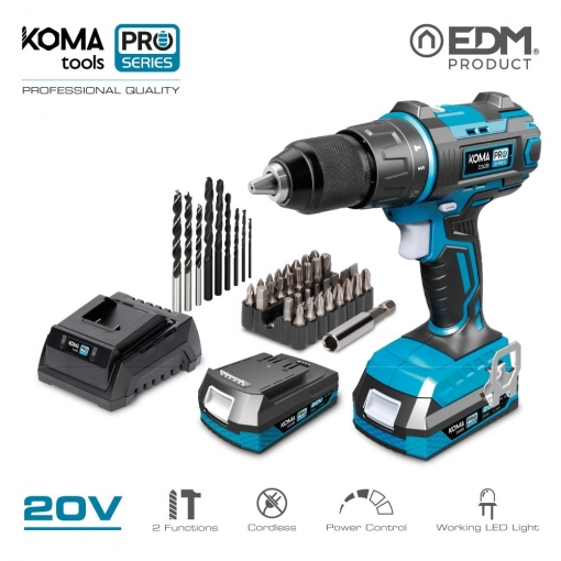 KIT TALADRO PERCUTOR/ATORNILLADOR 20V CON 2 BATERIAS 2.0 AH Y CARGADOR KOMA TOOLS PRO SERIES BATTERY